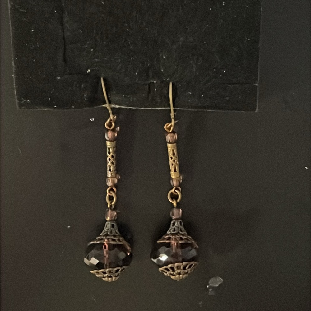 Antique Art Nouveau Bronze Filagree Purple Czech Glass Beaded Drop Earrings - Picture 9 of 15